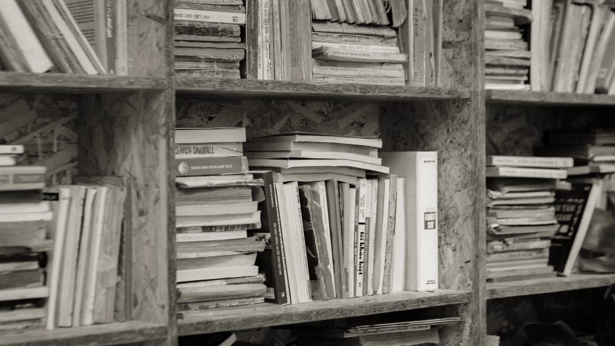 Worn paperback books stacked on a wooden shelf