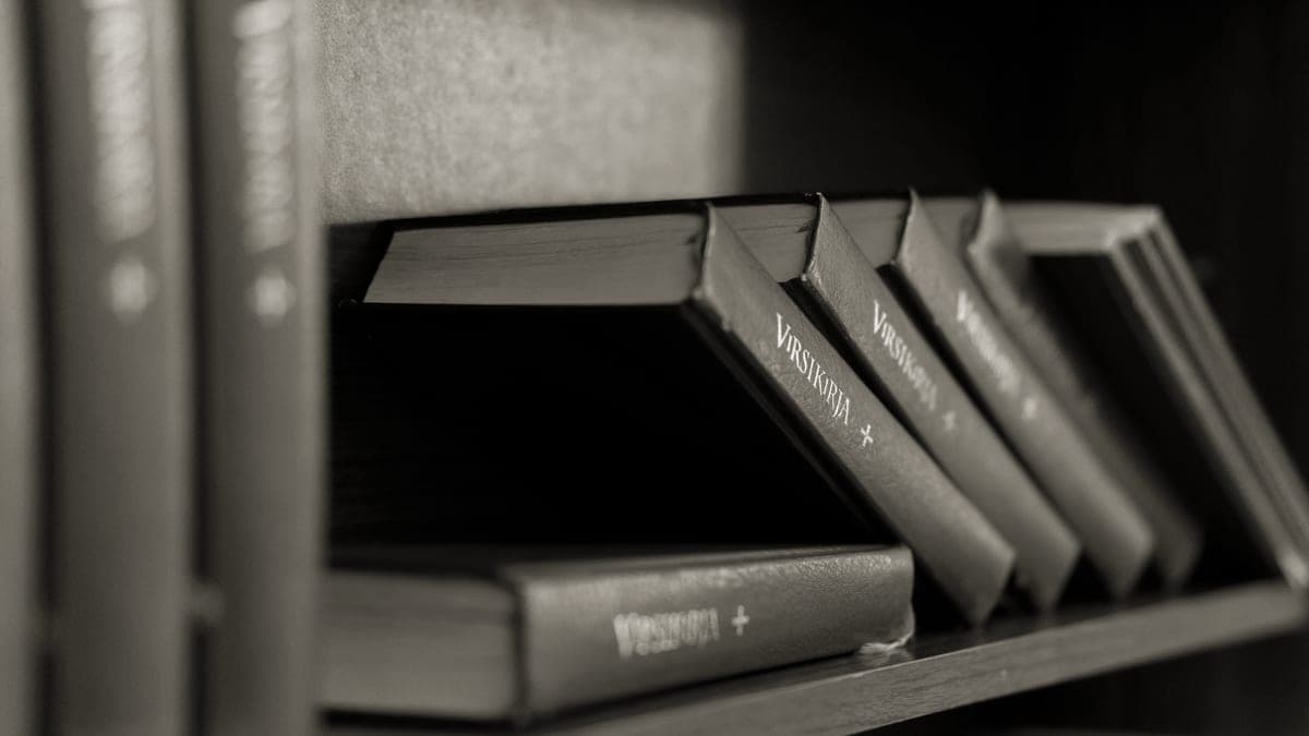 Rows of books arranged on a wooden bookshelf