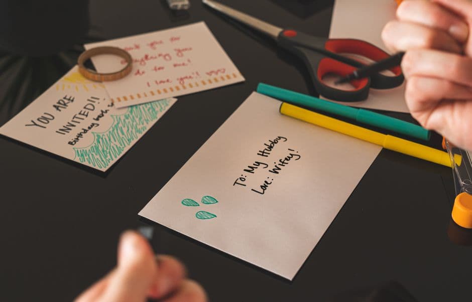 Handmade cards, envelopes and stationery on a desk