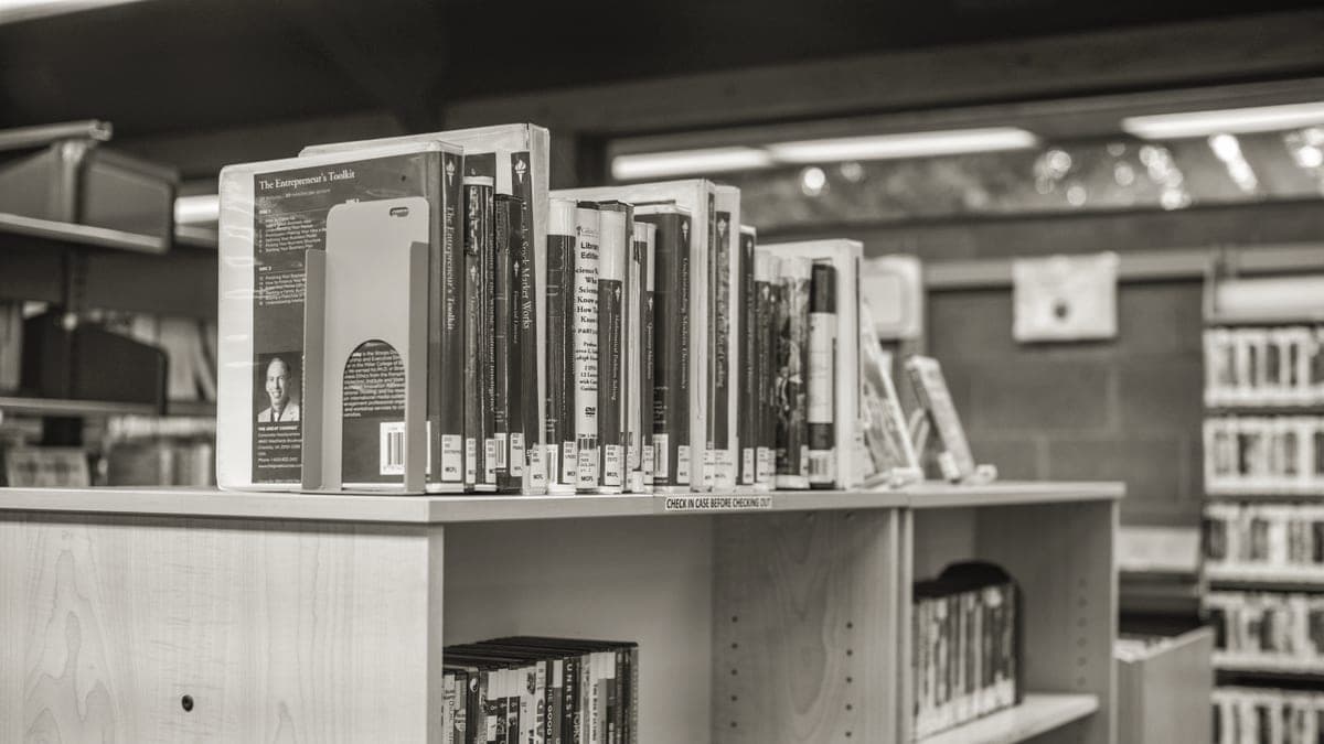 Shelves of books in a public library