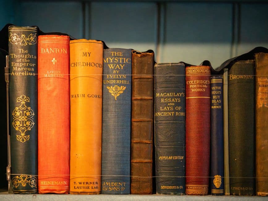 Books arranged spine-out on a wooden shelf